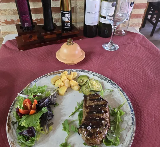 Un filete a la plancha con sus marcas, con ensalada de brotes, dados de patata y calabacín, en un plato de loza sobre mantel granate; al fondo, la estantería con las botellas.